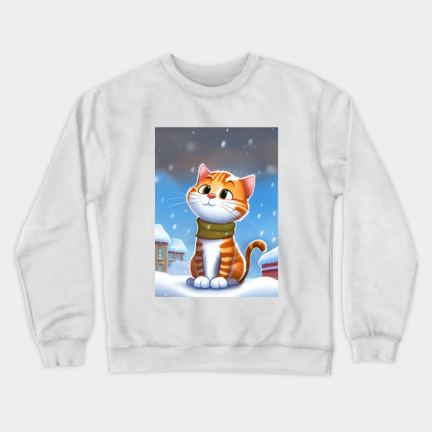 Winter Cat With a Scarf in Winter Scenery is waiting for Santa Crewneck Sweatshirt by KOTOdesign